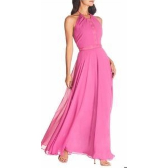 NWT New Dress the Population Odette Maxi Halter Neck Layered Dress in Hibiscus